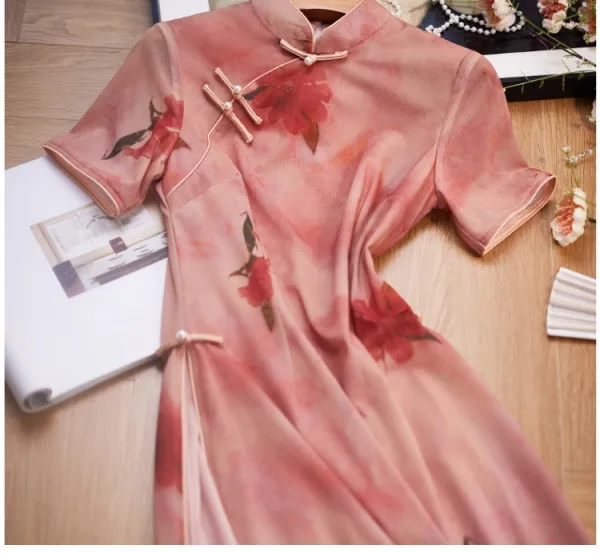 Chinese style Blushing Pink Printing Split Front Cheongsam 2024 Trumpet / Mermaid High Neck Short Sleeve Prom Floor-Length / Long