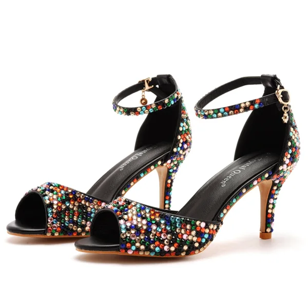 Sexy Noire Multi-Couleurs Faux Diamant Cocktail Sandales Femme 2023 Bride Cheville 7 cm Talons Aiguilles Peep Toes / Bout Ouvert Sandales Talons Hauts