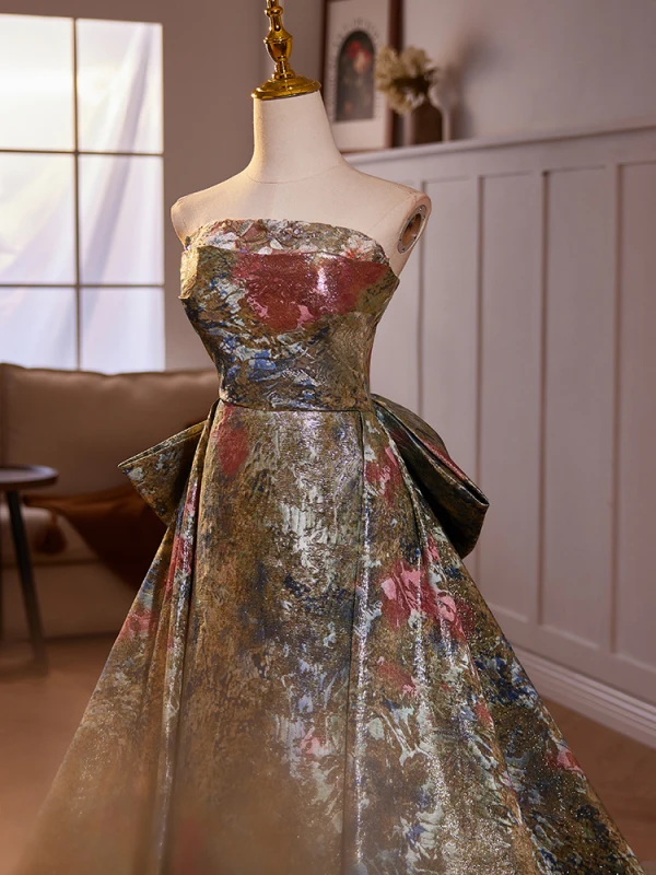 Vintage / Retro Multi-Colors Printing Prom Dresses 2024 A-Line / Princess Strapless Sleeveless Backless Bow Sweep Train Prom Formal Dresses