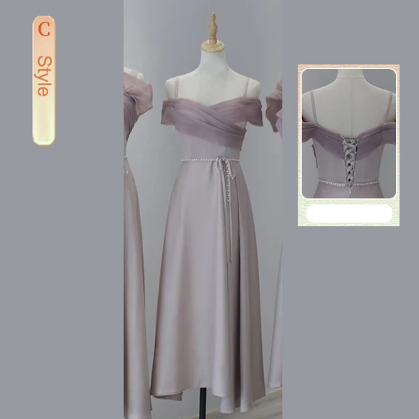 Modest / Simple Blushing Pink Satin Bridesmaid Dresses 2023 A-Line / Princess Off-The-Shoulder Sleeveless Backless Pearl Bow Sash Tea-length Bridesmaid Dresses