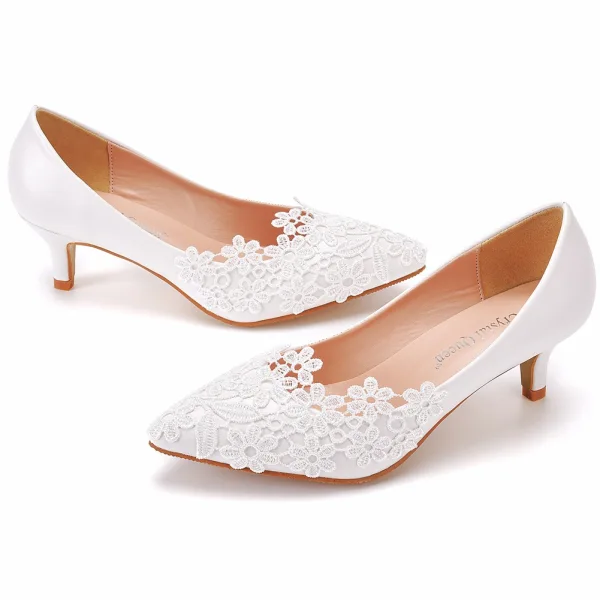 Élégant Blanche En Dentelle Fleur Chaussure De Mariée 2022 5 cm Talons Aiguilles À Bout Pointu Mariage Escarpins Talons Hauts