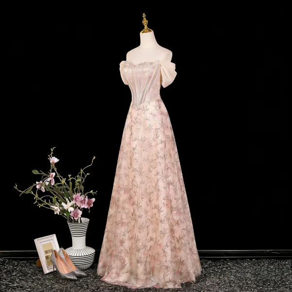 Schöne Rosa Spitze Blumen Abendkleider 2026 A Linie Bandeau Ärmellos Rückenfreies Lange Festliche Kleider