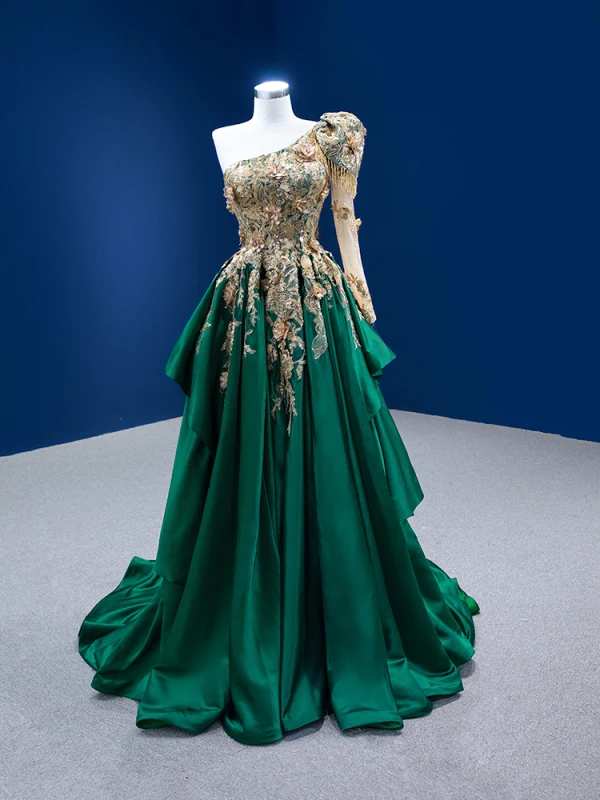 High-end Dark Green Beading Pearl Sequins Lace Flower Prom Dresses 2022 A-Line / Princess Satin One-Shoulder Long Sleeve Backless Sweep Train Prom