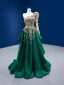 High-end Dark Green Beading Pearl Sequins Lace Flower Prom Dresses 2022 A-Line / Princess Satin One-Shoulder Long Sleeve Backless Sweep Train Prom