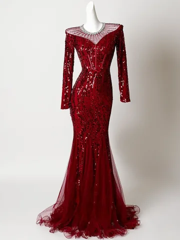 Bling Bling Burgundy Rhinestone Sequins Evening Dresses 2026 Trumpet Mermaid Scoop Neck Long Sleeve Sweep Train Formal Dresses