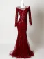 Bling Bling Burgundy Rhinestone Sequins Evening Dresses 2026 Trumpet / Mermaid Scoop Neck Long Sleeve Sweep Train Formal Dresses