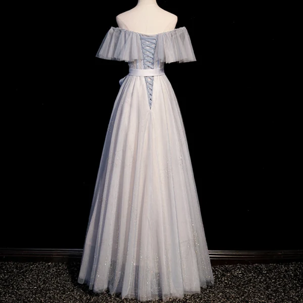 Chic / Belle Bleu Ciel Perlage Paillettes Robe De Bal 2022 Princesse Encolure Carrée Manches Courtes Dos Nu Noeud Ceinture Longue Promo Robe De Ceremonie
