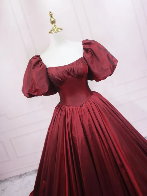 Demure Burgundy Prom Dresses 2025 Ball Gown Off-The-Shoulder Puffy Short Sleeve Backless Sweep Train Prom Formal Dresses