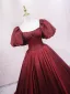 Demure Burgundy Prom Dresses 2025 Ball Gown Off-The-Shoulder Puffy Short Sleeve Backless Sweep Train Prom Formal Dresses