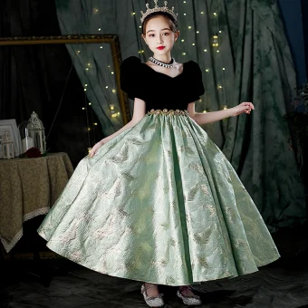 Élégant Noire Faux Diamant Paillettes Anniversaire Robe Ceremonie Fille 2022 Robe Boule V Cou Gonflée Manches Courtes Dos Nu Longue Robe Ceremonie Fille