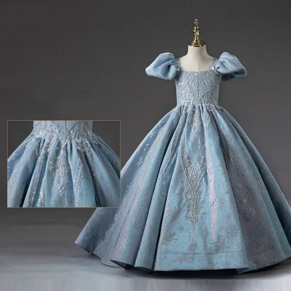 Chic / Beautiful Sky Blue Beading Sequins Flower Girl Dresses 2022 Ball Gown Square Neckline Puffy Short Sleeve Backless Prom Sweep Train Flower Girl Dresses