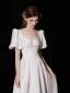 Modest / Simple Ivory Pearl Satin Prom Dresses 2022 A-Line / Princess Square Neckline Puffy Short Sleeve Floor-Length / Long Formal Dresses