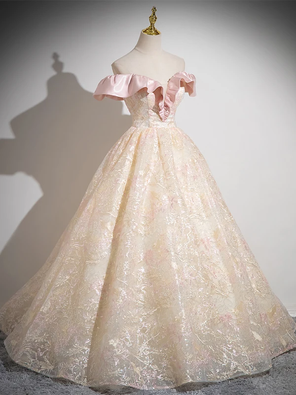 Chic / Beautiful Blushing Pink Sequins Lace Flower Prom Dresses 2024 Ball Gown Off-The-Shoulder Sleeveless Backless Floor-Length / Long Prom Formal Dresses