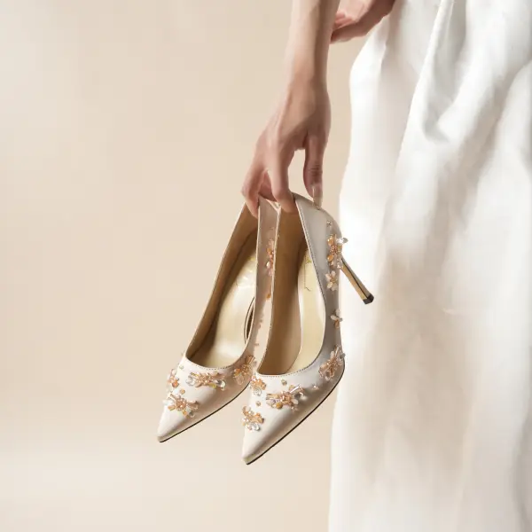 Elegant Champagne Beading Leather Wedding Shoes 2026 8 cm Stiletto Heels Pointed Toe Wedding Pumps High Heels