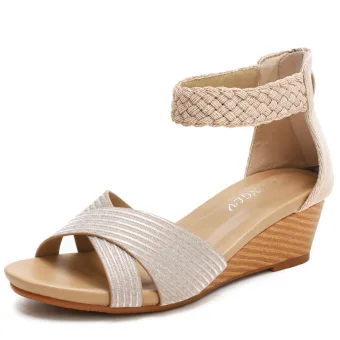 Romain Champagne Vêtement De Rue Tresser Sandales Femme 2022 Bride Cheville 5 Cm Compensées Peep Toes Bout Ouvert Sandales