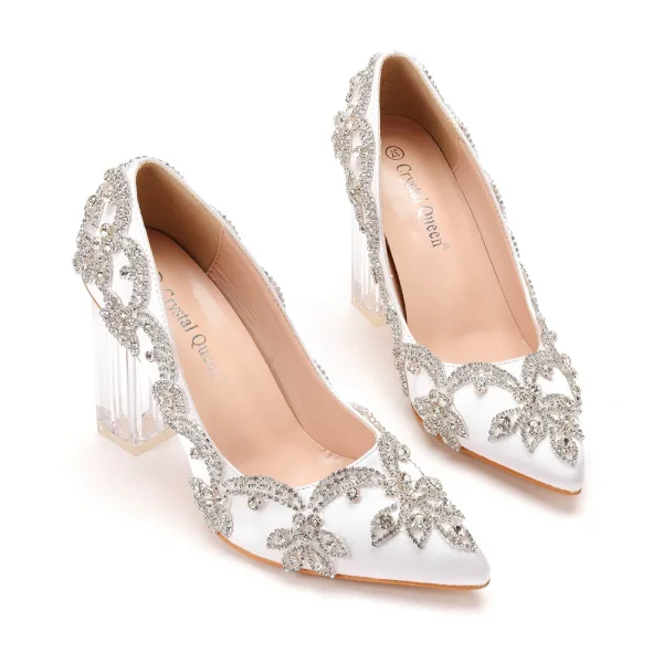 Charmant Blanche Cristal Chaussure De Mariée 2022 9 cm Talons Épais Faux Diamant À Bout Pointu Mariage Escarpins Talons Hauts