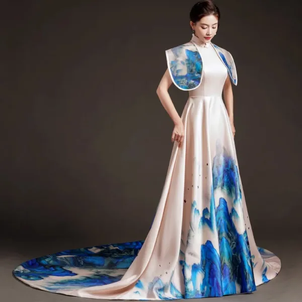 Vintage / Retro Chinese style Champagne Evening Dresses 2023 A-Line / Princess High Neck Sleeveless Backless Court Train Evening Party Formal Dresses