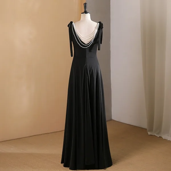 Modest / Simple Black Pearl Prom Dresses 2024 A-Line / Princess V-Neck Sleeveless Backless Floor-Length / Long Prom Formal Dresses