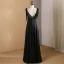 Modest / Simple Black Pearl Prom Dresses 2024 A-Line / Princess V-Neck Sleeveless Backless Floor-Length / Long Prom Formal Dresses