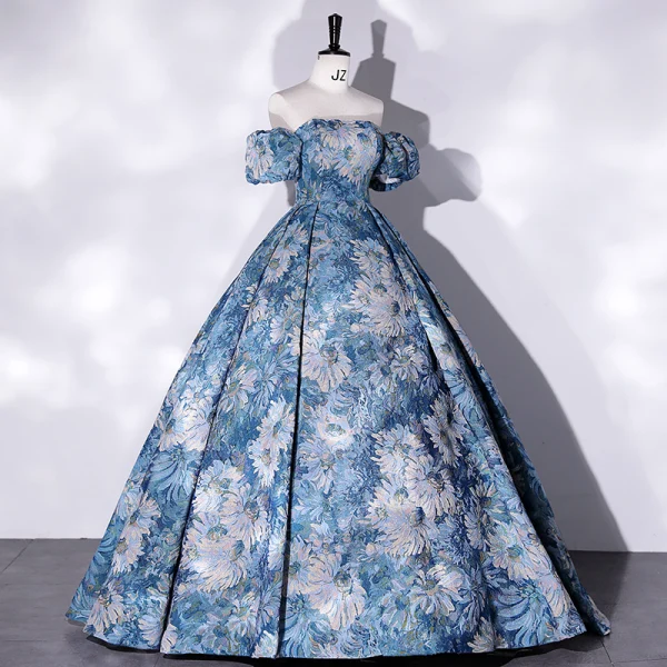 Elegant Pool Blue Printing Prom Dresses 2022 Ball Gown Off-The-Shoulder Short Sleeve Backless Floor-Length / Long Prom Formal Dresses