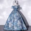 Elegant Pool Blue Printing Prom Dresses 2022 Ball Gown Off-The-Shoulder Short Sleeve Backless Floor-Length / Long Prom Formal Dresses