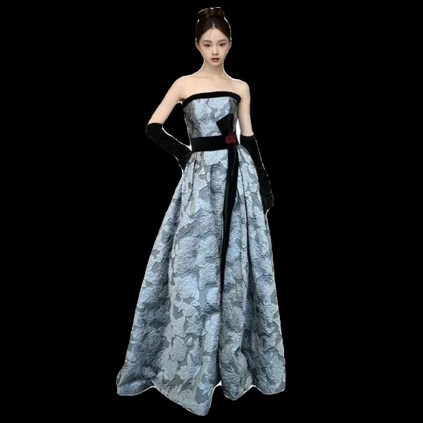 Audrey Hepburn Style Ocean Blue Printing Split Front Prom Dresses 2024 A-Line / Princess Strapless Sleeveless Backless Bow Sash Floor-Length / Long Prom Formal Dresses
