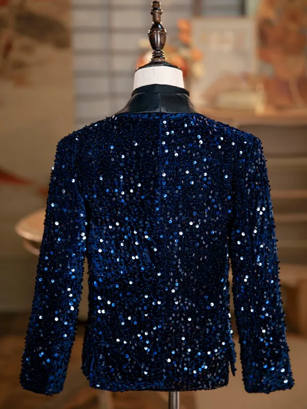 Navy Blue Sequins 6-piece Long Sleeve Wedding Boys Wedding Suits 2024 Body Jewellery Coat Pants Shirt Tie Vest