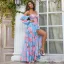 Confortable Bleu Été Vacances Plage Impression Robes longues 2022 Princesse Bretelles Spaghetti Manches Longues Dos Nu Fendue devant Longue Femme Robes