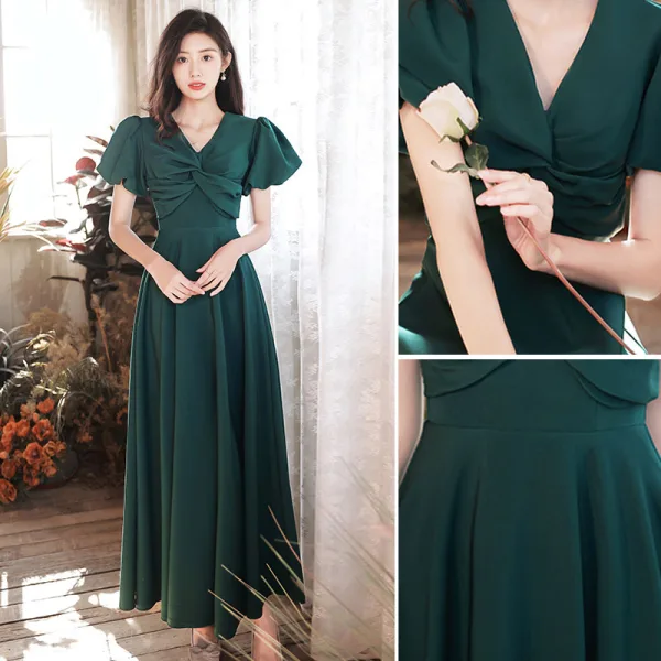 Modest / Simple Dark Green Satin Bridesmaid Dresses 2022 A-Line / Princess Short Sleeve Backless Floor-Length / Long