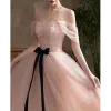 Fashion Blushing Pink Pearl Evening Dresses  2022 A-Line / Princess Off-The-Shoulder Bow Short Sleeve Backless Floor-Length / Long Evening Party Formal Dresses