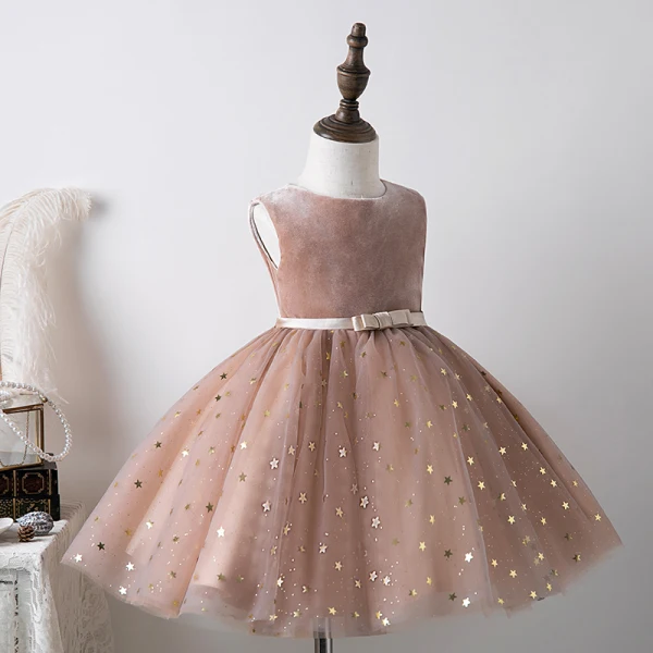 Fashion Blushing Pink Star Sequins Birthday Flower Girl Dresses 2022 Ball Gown Scoop Neck Sleeveless Bow Sash Short Flower Girl Dresses
