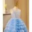 Fashion Sky Blue Sequins Cascading Ruffles Birthday Flower Girl Dresses 2023 Ball Gown Scoop Neck Sleeveless Backless Floor-Length / Long