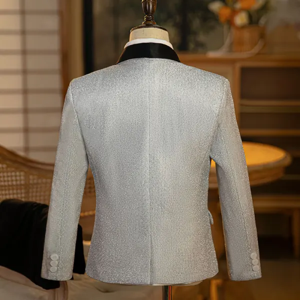 Mode 6 pièces Manches Longues Argenté Costume Garçon Mariage 2025 Bijoux De Corps Manteau Pantalon Chemise Cravate Gilet Mariage