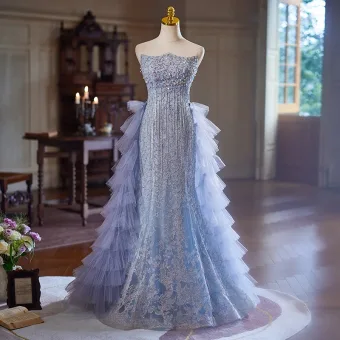 High End Sky Blue Beading Sequins Cascading Ruffles Evening Dresses 2024 Trumpet Mermaid Strapless Sleeveless Backless Floor Length Long Evening Party Formal Dresses