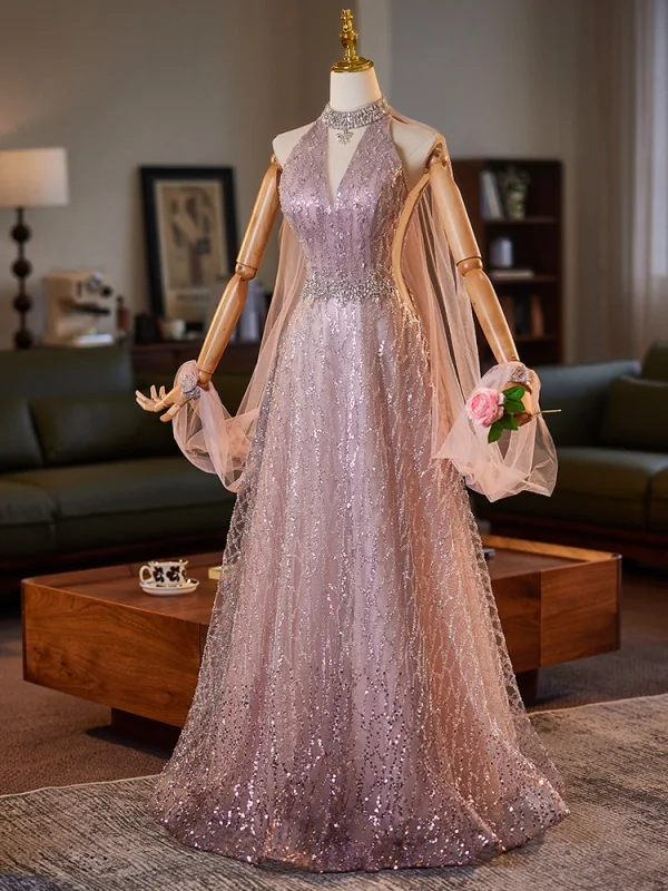 Fashion Blushing Pink Glitter Rhinestone Sequins Prom Dresses 2025 A-Line / Princess High Neck Sleeveless Backless Floor-Length / Long Tulle Prom Formal Dresses