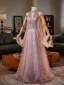 Fashion Blushing Pink Glitter Rhinestone Sequins Prom Dresses 2025 A-Line / Princess High Neck Sleeveless Backless Floor-Length / Long Tulle Prom Formal Dresses