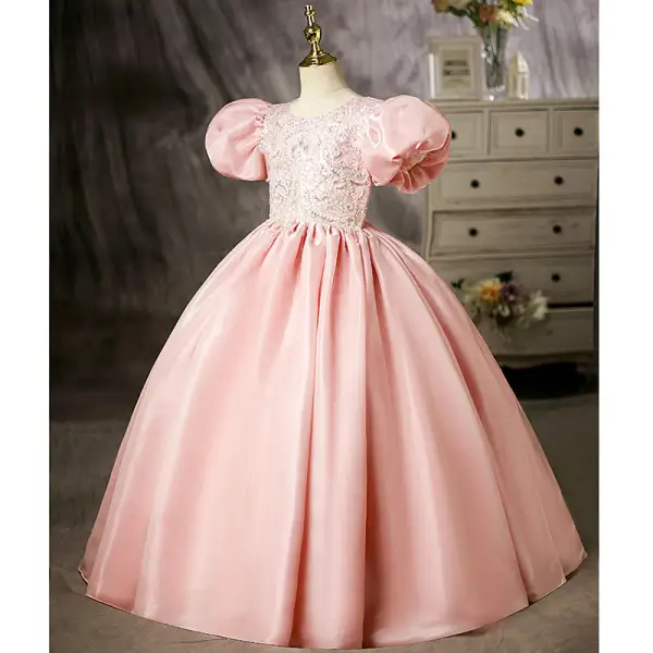 Lovely Candy Pink Beading Sequins Birthday Flower Girl Dresses 2022 Ball Gown Scoop Neck Puffy Short Sleeve Floor-Length / Long Flower Girl Dresses