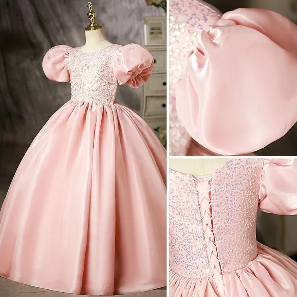 Lovely Candy Pink Beading Sequins Birthday Flower Girl Dresses 2022 Ball Gown Scoop Neck Puffy Short Sleeve Floor-Length / Long Flower Girl Dresses