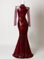 Sparkly Sexy Burgundy Sequins Rhinestone Evening Dresses 2026 Trumpet / Mermaid High Neck Long Sleeve Floor-Length / Long Formal Dresses