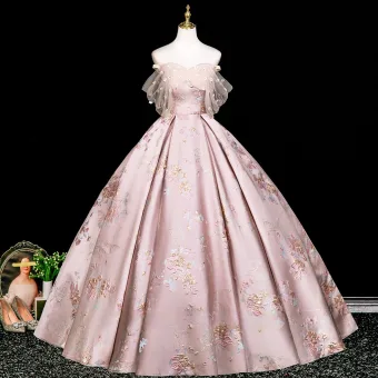 Elegant Blushing Pink Printing Prom Dresses 2025 Ball Gown Off The Shoulder Short Sleeve Backless Floor Length Long Prom Formal Dresses