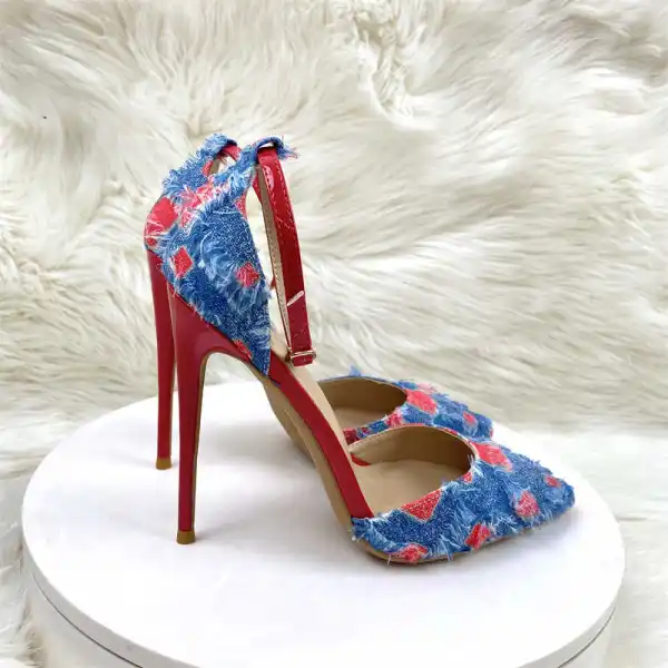 Fashion Red Denim Evening Party Womens Shoes 2024 Ankle Strap 12 cm Stiletto Heels Pointed Toe High Heels