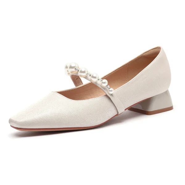 Chic / Beautiful Beige Prom Pearl Pumps 2023 Satin 3 cm Low Heel Thick Heels Square Toe Pumps High Heels