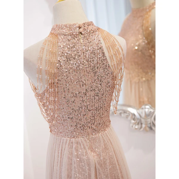 Sparkly Gold Beading Tassel Sequins Evening Dresses 2023 A-Line / Princess High Neck Sleeveless Backless Floor-Length / Long Evening Party Formal Dresses