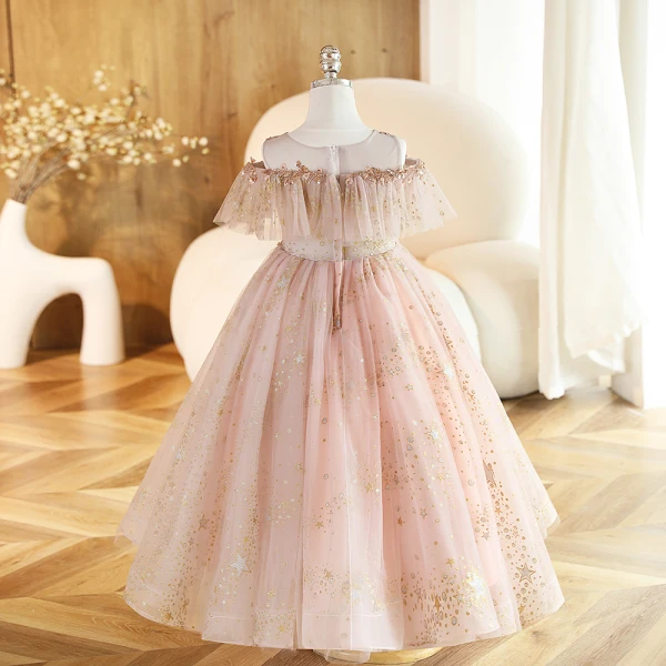 Bling Bling Blushing Pink Beading Star Sequins Birthday Flower Girl Dresses 2023 Ball Gown Scoop Neck Short Sleeve Backless Floor-Length / Long Flower Girl Dresses