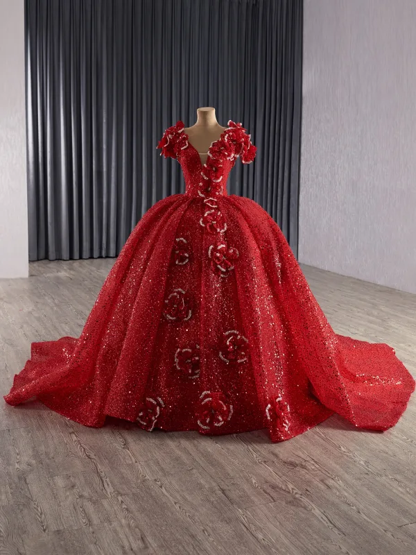 Luxury / Gorgeous Red Handmade Beading Sequins Wedding Dresses 2025 Ball Gown V-Neck Short Sleeve Backless Bow Court Train Wedding