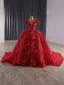 Luxury / Gorgeous Red Handmade  Beading Sequins Wedding Dresses 2025 Ball Gown V-Neck Short Sleeve Backless Bow Court Train Wedding