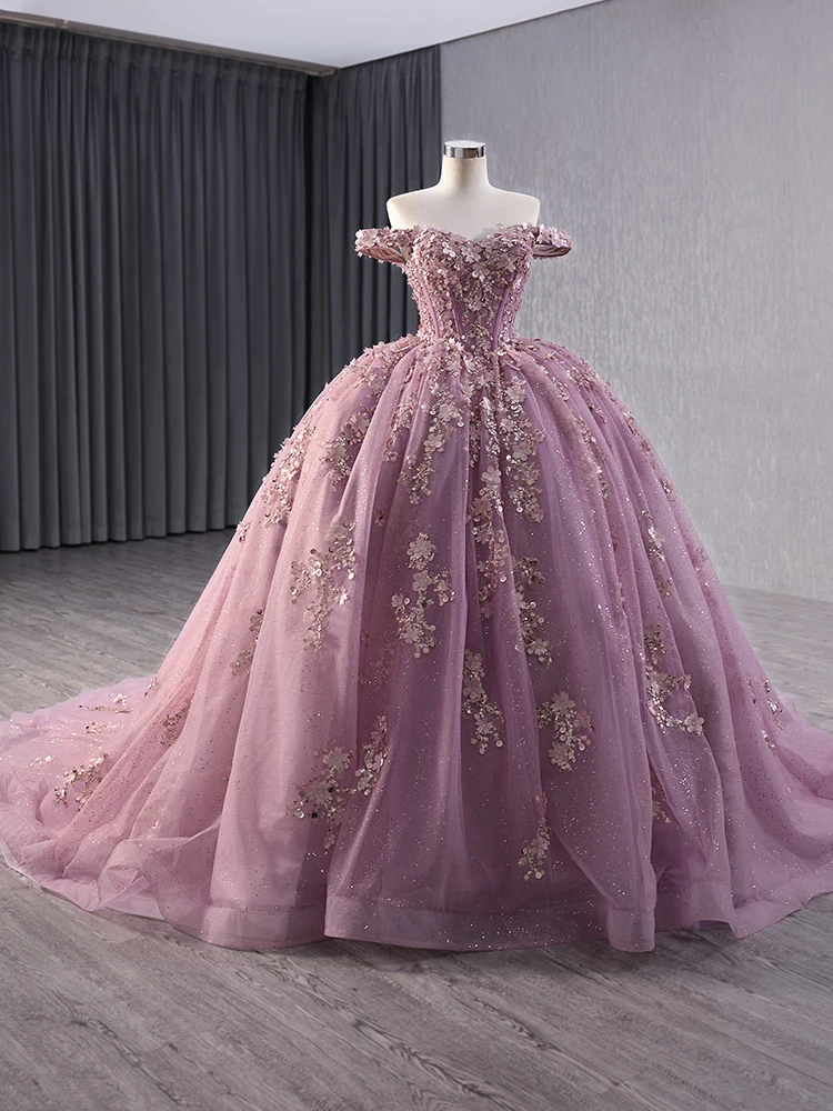 High-End Candy Pink Handmade Beading Appliques Pearl Sequins Prom Dresses 2024 Ball