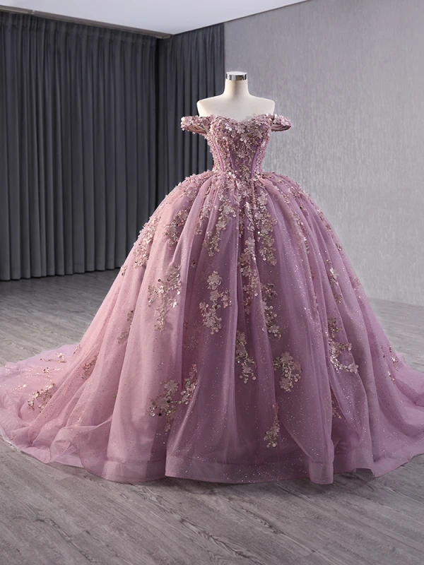 High-end Candy Pink Handmade  Beading Appliques Pearl Sequins Prom Dresses 2024 Ball Gown Off-The-Shoulder Sleeveless Backless Court Train Prom Formal Dresses