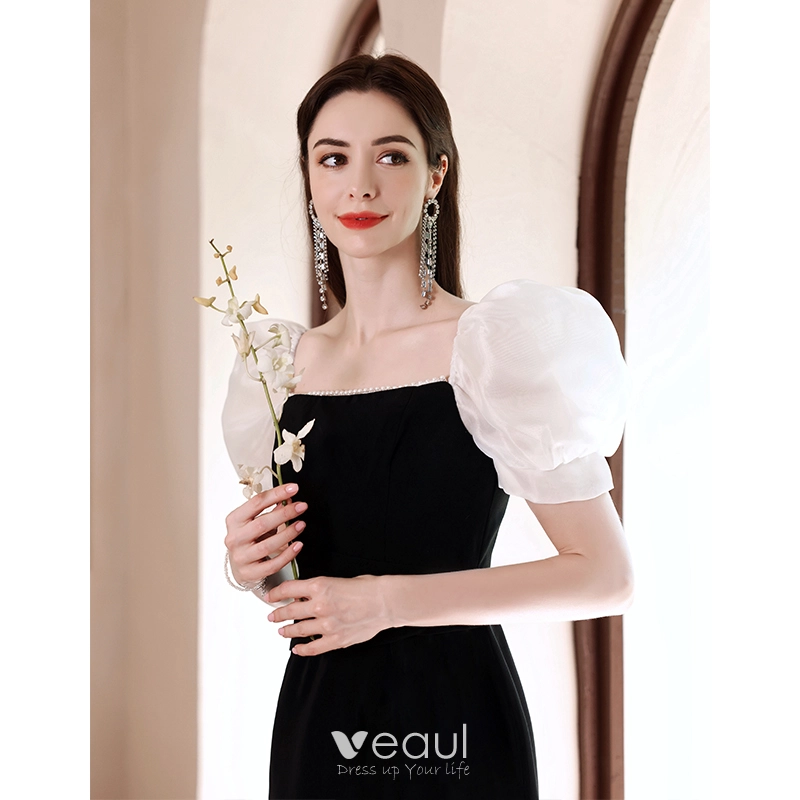 Fashion Black Pearl Homecoming Graduation Dresses 2022 Square Neckline Backless Puffy Short Sleeve Tea Length Formal Dresses Fashion Black Pearl Homecoming Graduation Dresses 2022 Square Neckline Backless Puffy Short Sleeve Tea Length Formal Dresses