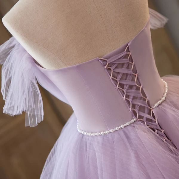 Elegant Lavender Cascading Ruffles Appliques Prom Dresses 2023 Ball Gown Off-The-Shoulder Sleeveless Pearl Backless Sash Sweep Train Prom Formal Dresses